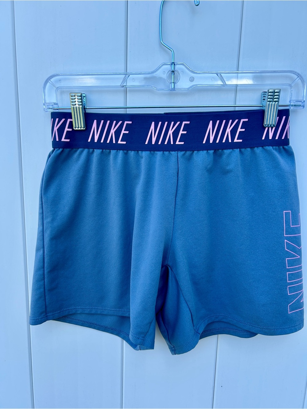 Nike Blue Girls' Athletic Leggings Shorts with Pink Logo Waistband